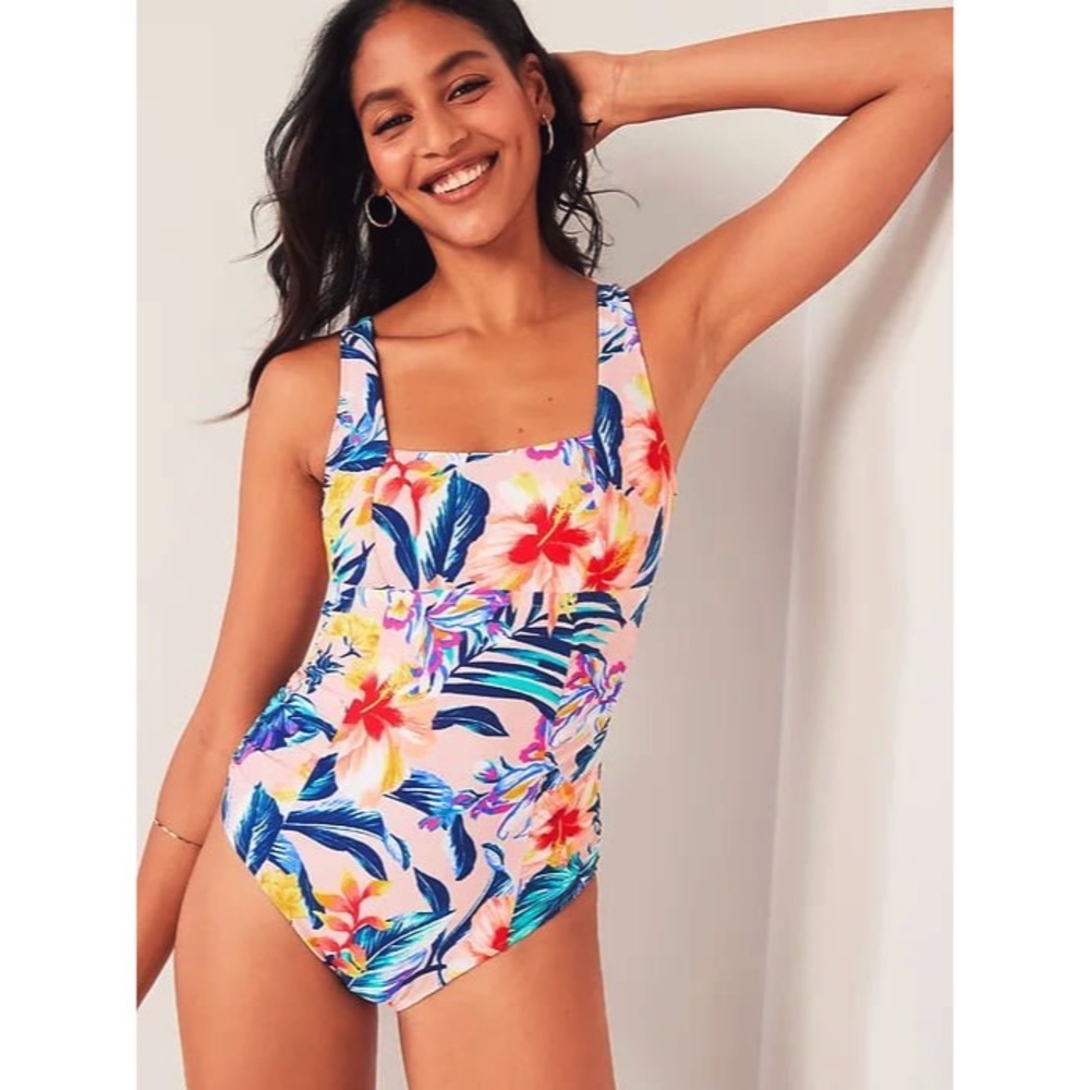 NWT Floral Square Neck Pastel Pink + Neon Floral One Piece Swimsuit